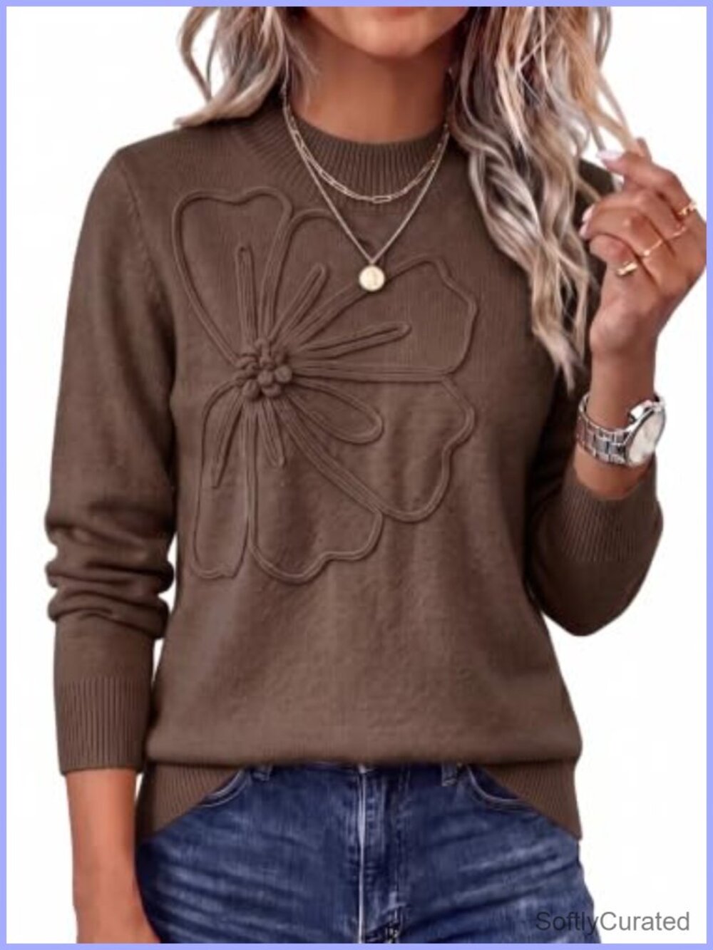 Womens Crew Neck Pullover Sweater 3D Flower Knit Long Sleeve Fall Winter